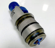 Grohe 47885000 thermostatic compact cartridge with blue grip top, chrome finish, and internal components visible.