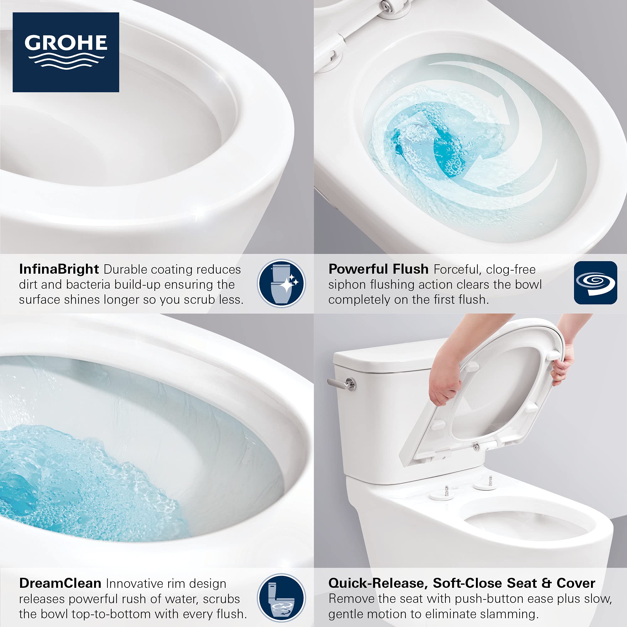 White elongated two-piece toilet with seat and left-hand trip lever, showing bowl interior, flushing action, and soft-close s