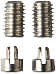 Two stainless steel threaded set screws and two button covers with prong grips, shown from multiple angles.
