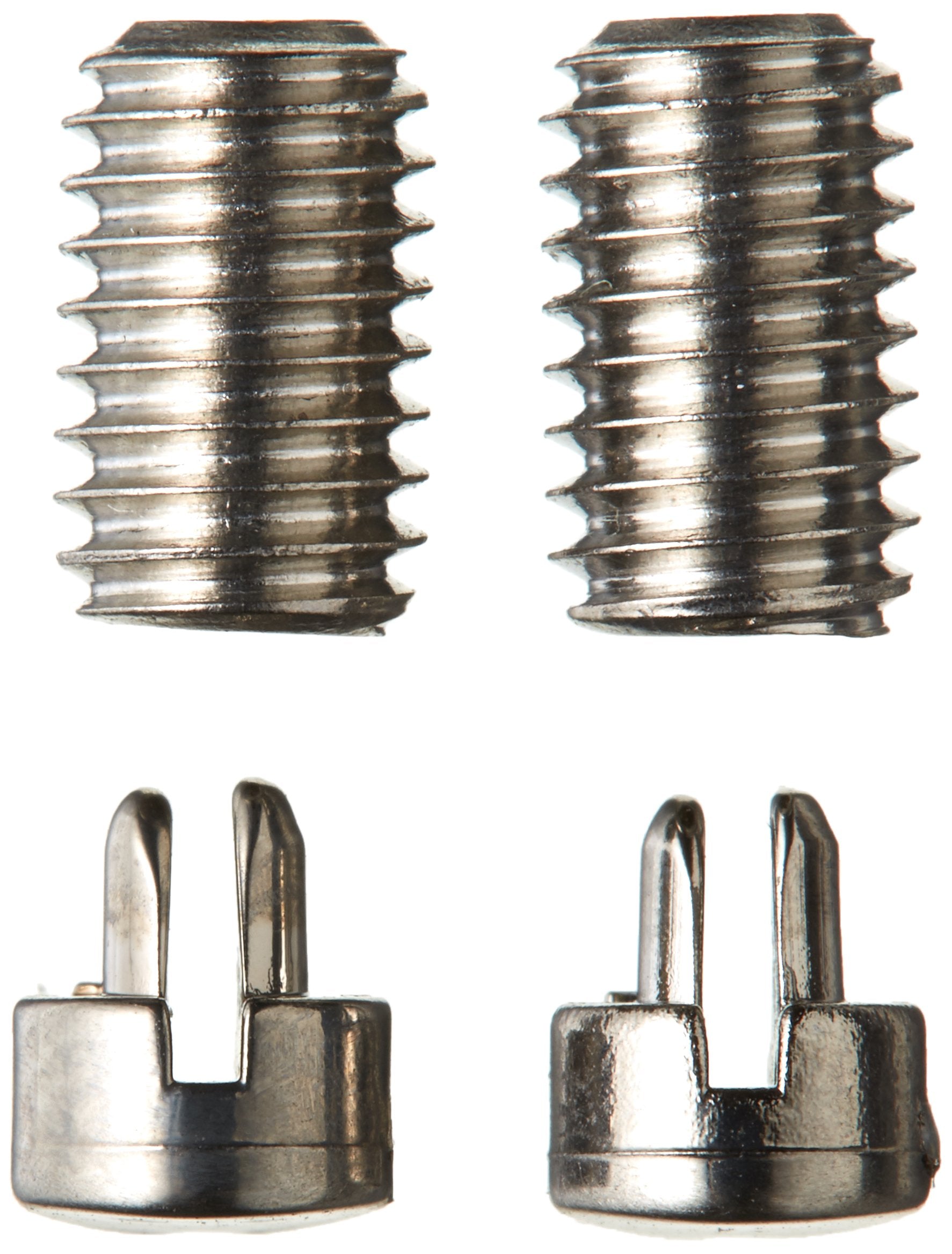 Two stainless steel threaded set screws and two button covers with prong grips, shown from multiple angles.