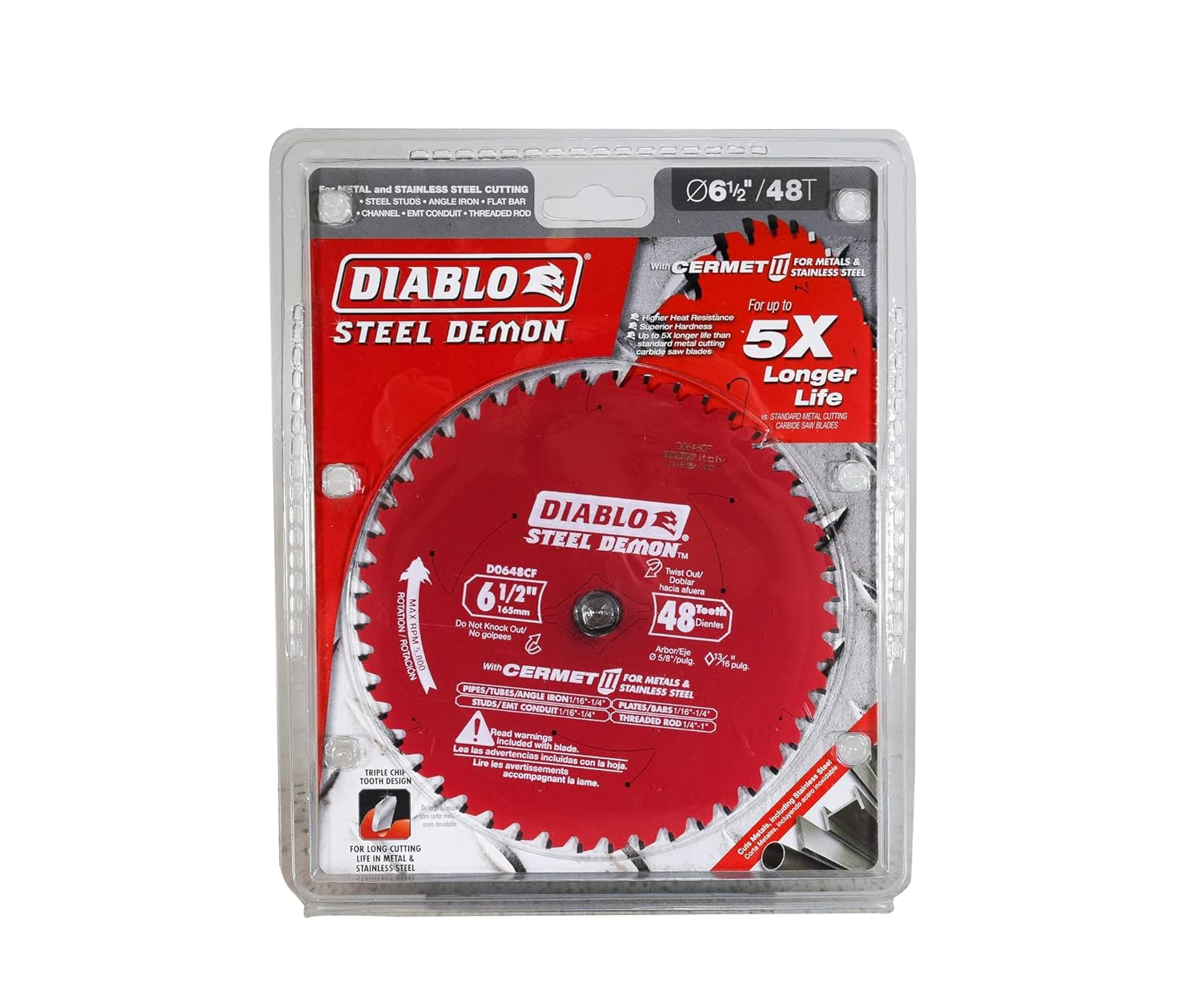 Red Diablo Steel Demon circular saw blade with 48 teeth in clear plastic packaging.