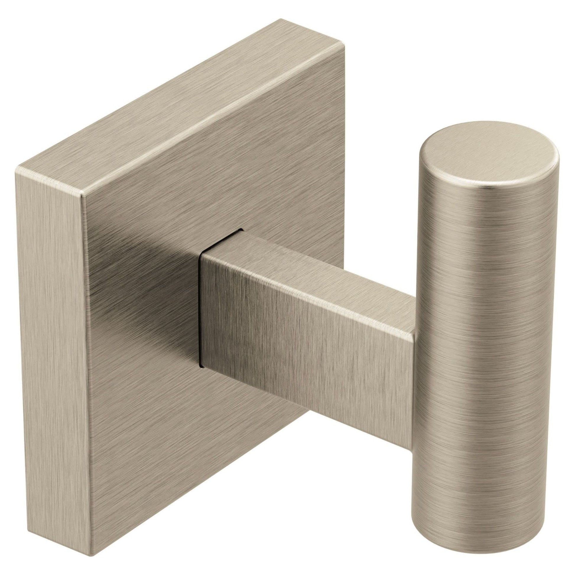 Brushed nickel wall-mount robe hook with square backplate and cylindrical hook arm.