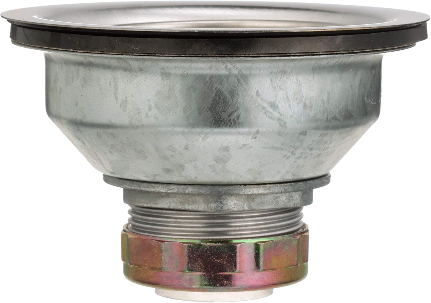 Brass basket strainer with shallow cup, threaded connector, and black rubber rim for sink drain installation.