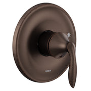 Oil rubbed bronze shower trim kit with single handle lever and circular escutcheon plate.