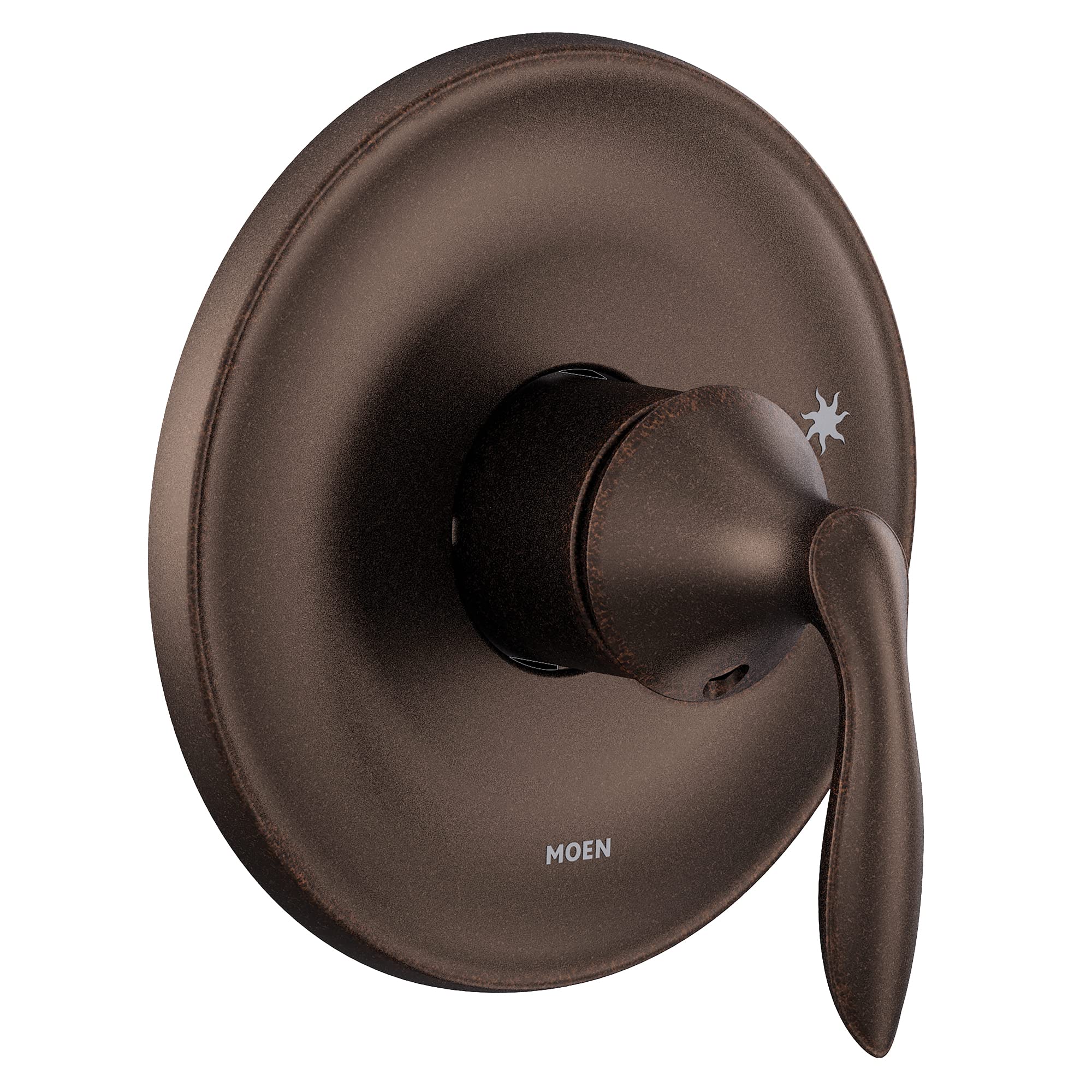 Oil rubbed bronze shower trim kit with single handle lever and circular escutcheon plate.