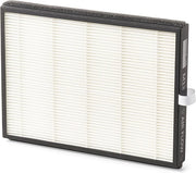 Rectangular air filter with white pleated media inside black frame and dark textured top surface.