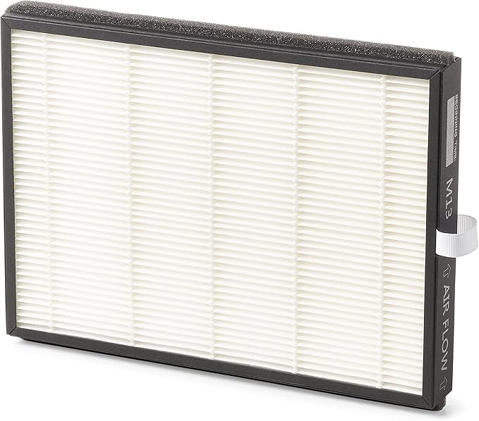 Rectangular air filter with white pleated media inside black frame and dark textured top surface.