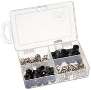 Clear plastic organizer case containing black rubber seats and metal springs sorted into compartments.