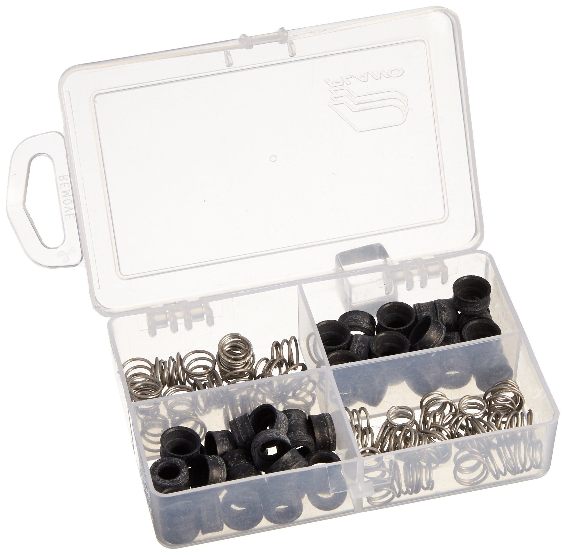 Clear plastic organizer case containing black rubber seats and metal springs sorted into compartments.