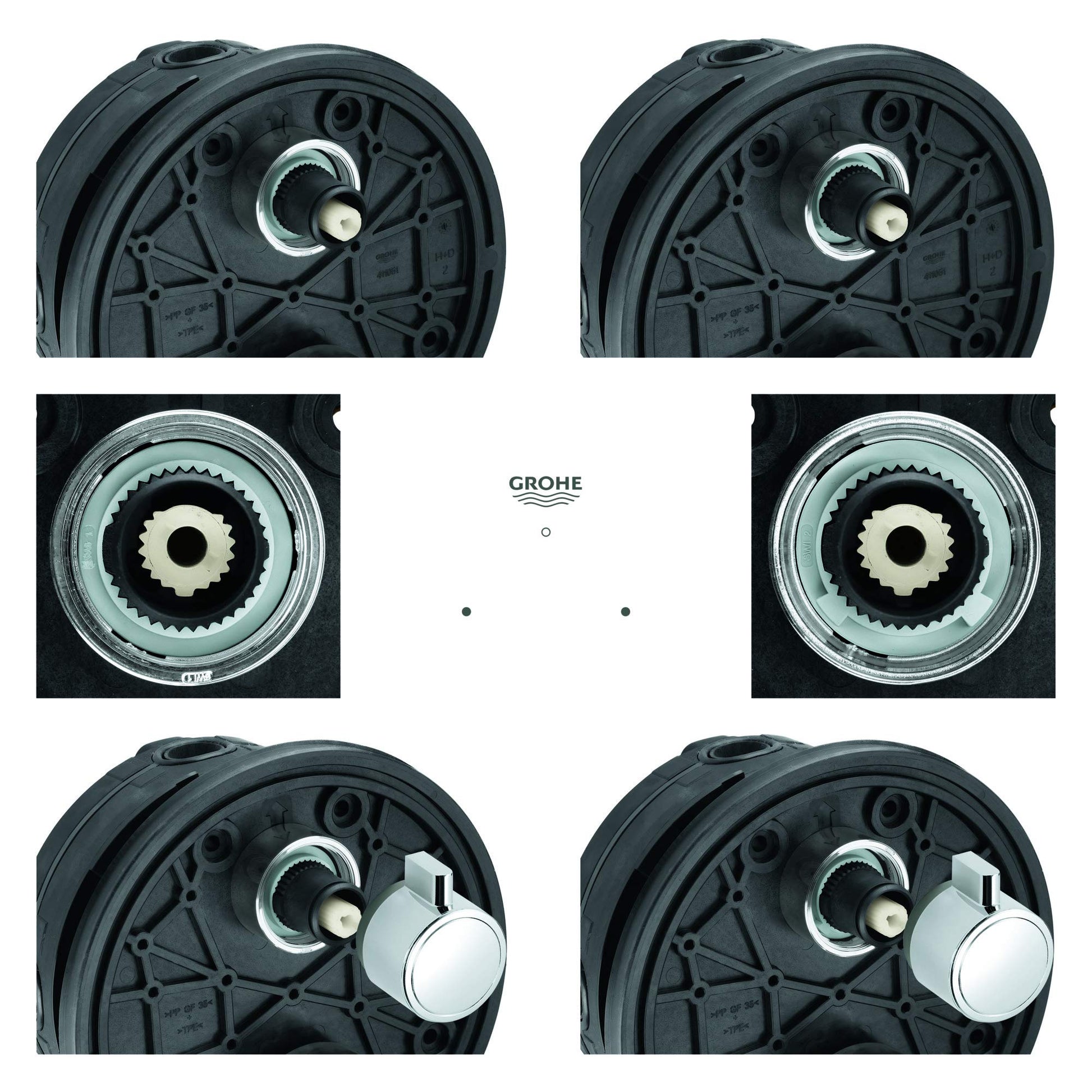 Grohe Grohtherm stop ring with chrome finish shown in multiple angles displaying internal gear mechanism and external mountin