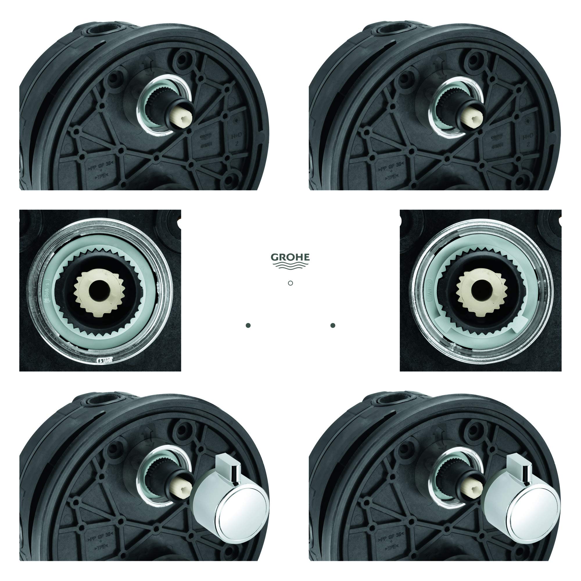 Grohe Grohtherm stop ring with chrome finish shown in multiple angles displaying internal gear mechanism and external mountin