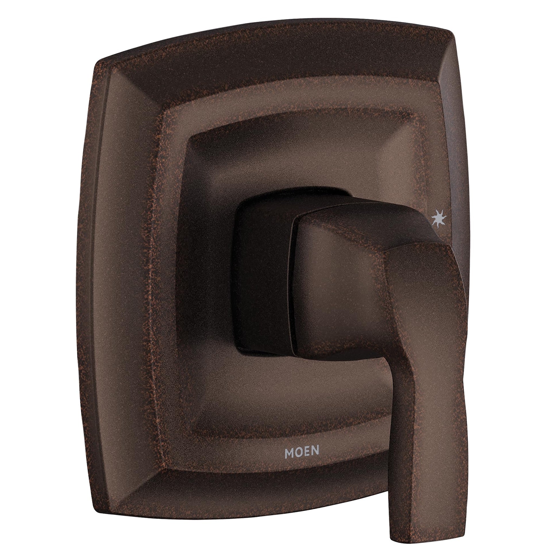 Oil rubbed bronze single-handle shower trim with squared geometric design and integrated spout.
