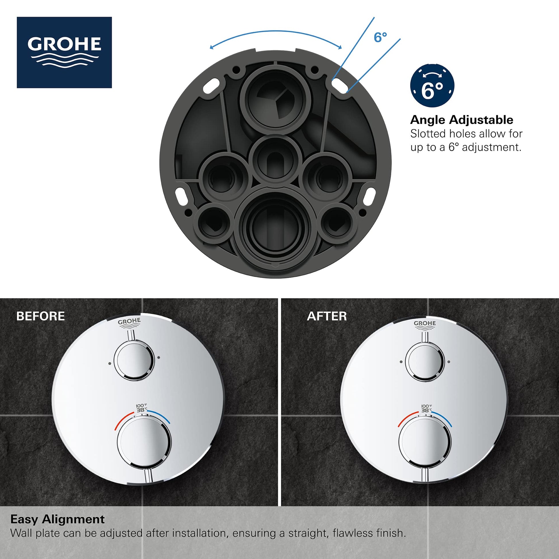 Matte black circular valve trim with two control handles and multiple outlet ports, shown with angle adjustment feature and i