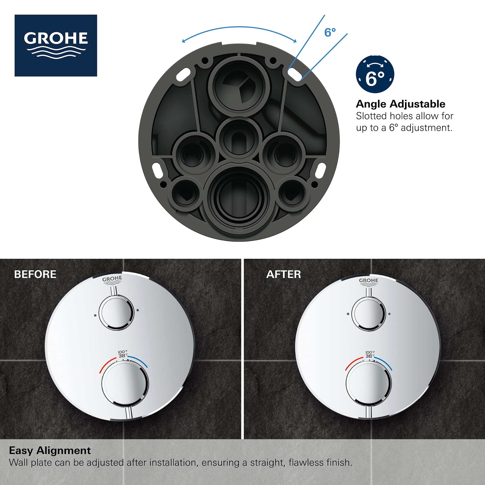 Matte black circular valve trim with two control handles and multiple outlet ports, shown with angle adjustment feature and i
