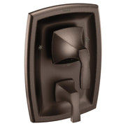 Oil-rubbed bronze shower valve trim kit with curved rectangular escutcheon plate, diverter handle, and volume control lever.