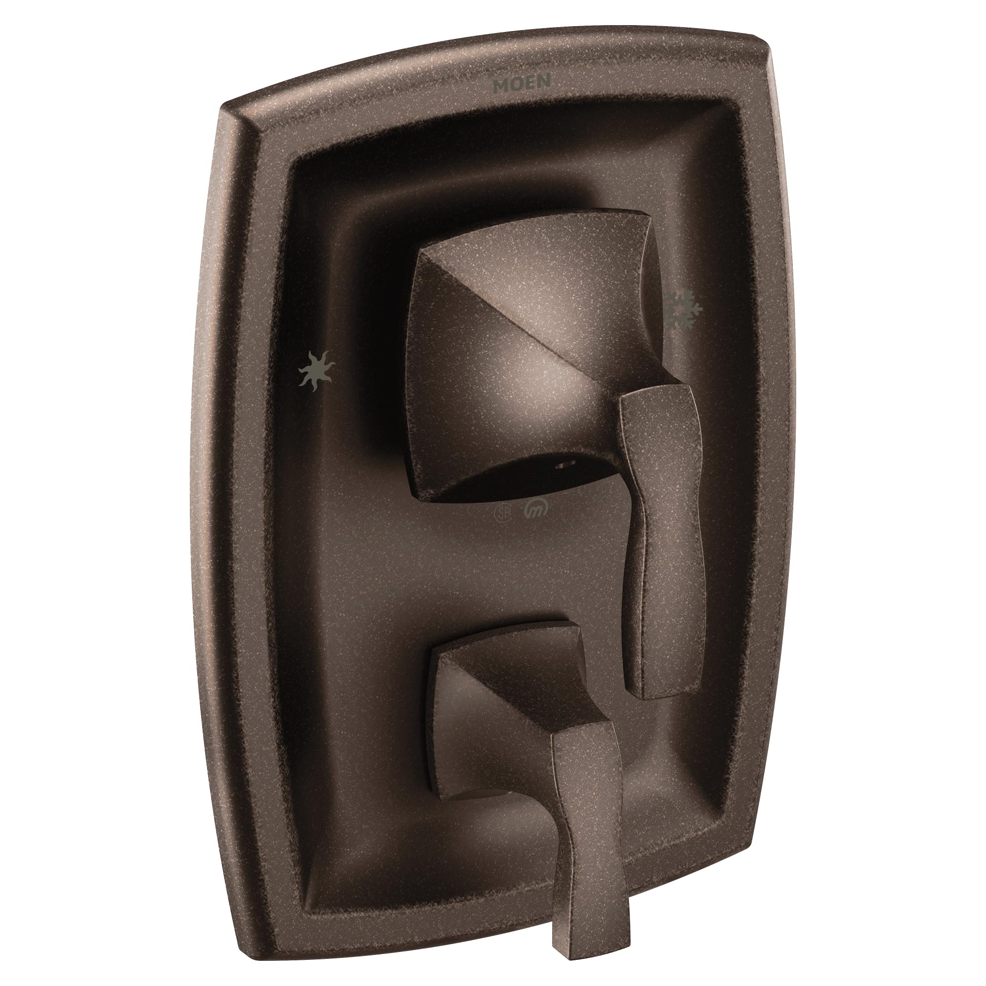Oil-rubbed bronze shower valve trim kit with curved rectangular escutcheon plate, diverter handle, and volume control lever.