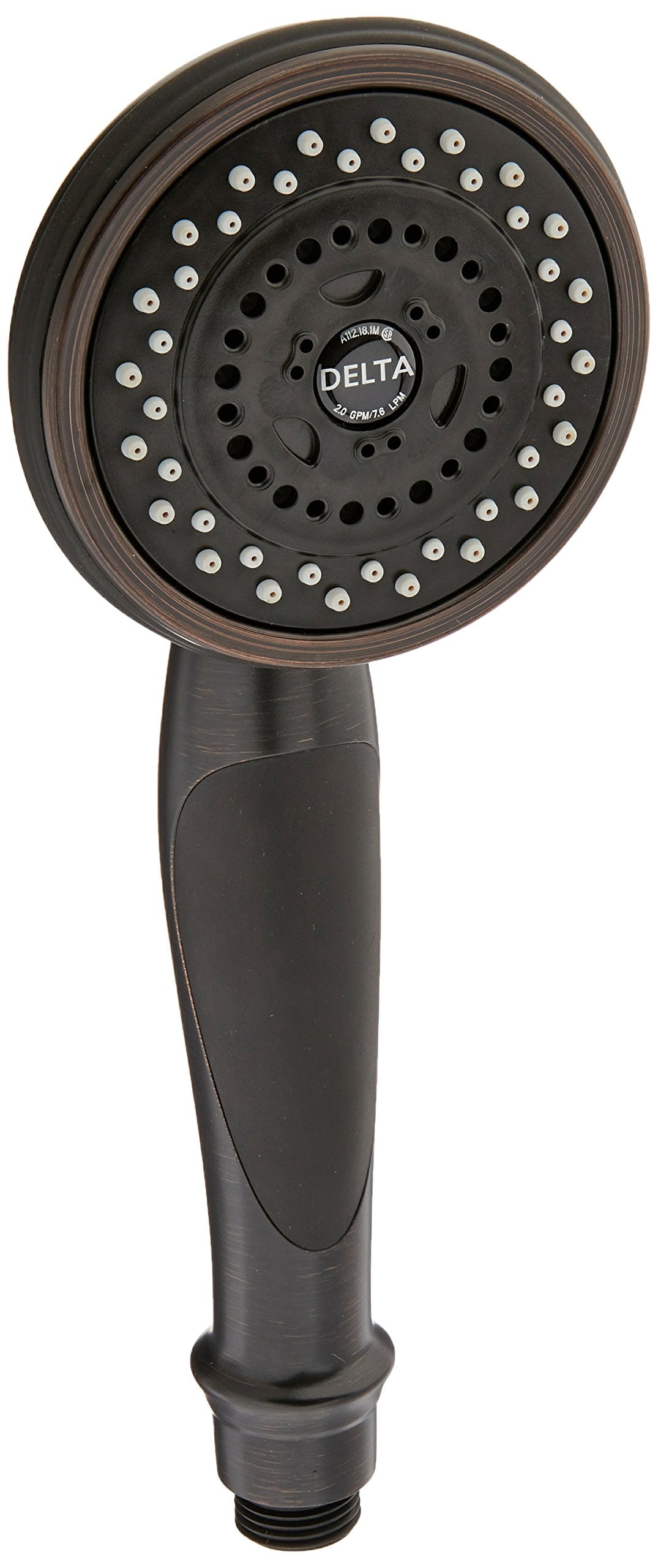 Venetian bronze hand shower with circular face featuring multiple spray jets and Delta branding on handle.