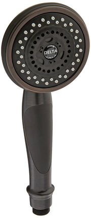 Venetian bronze hand shower with circular face featuring multiple spray jets and Delta branding on handle.