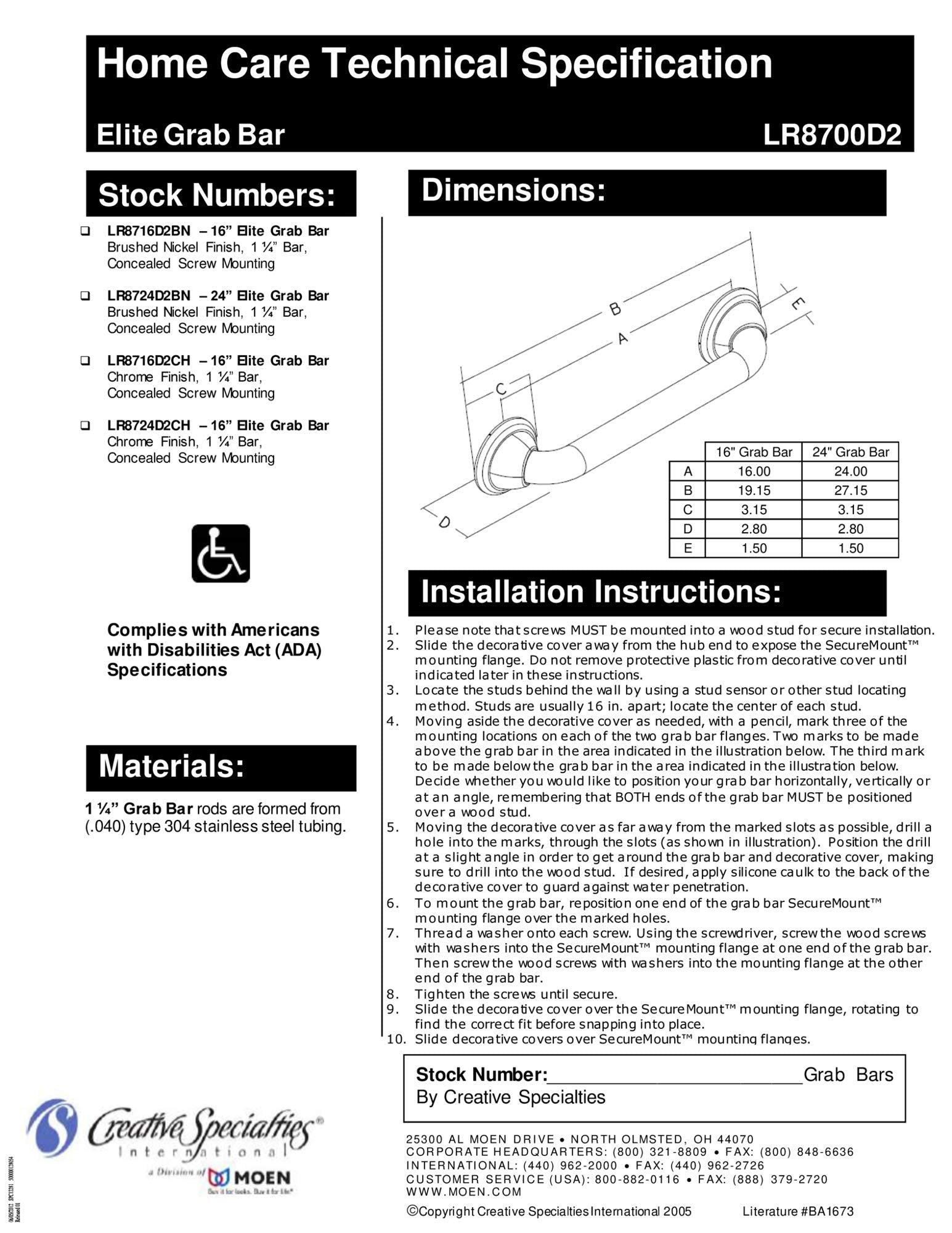 Brushed nickel 24-inch grab bar with concealed mounting hardware and cylindrical grip design.