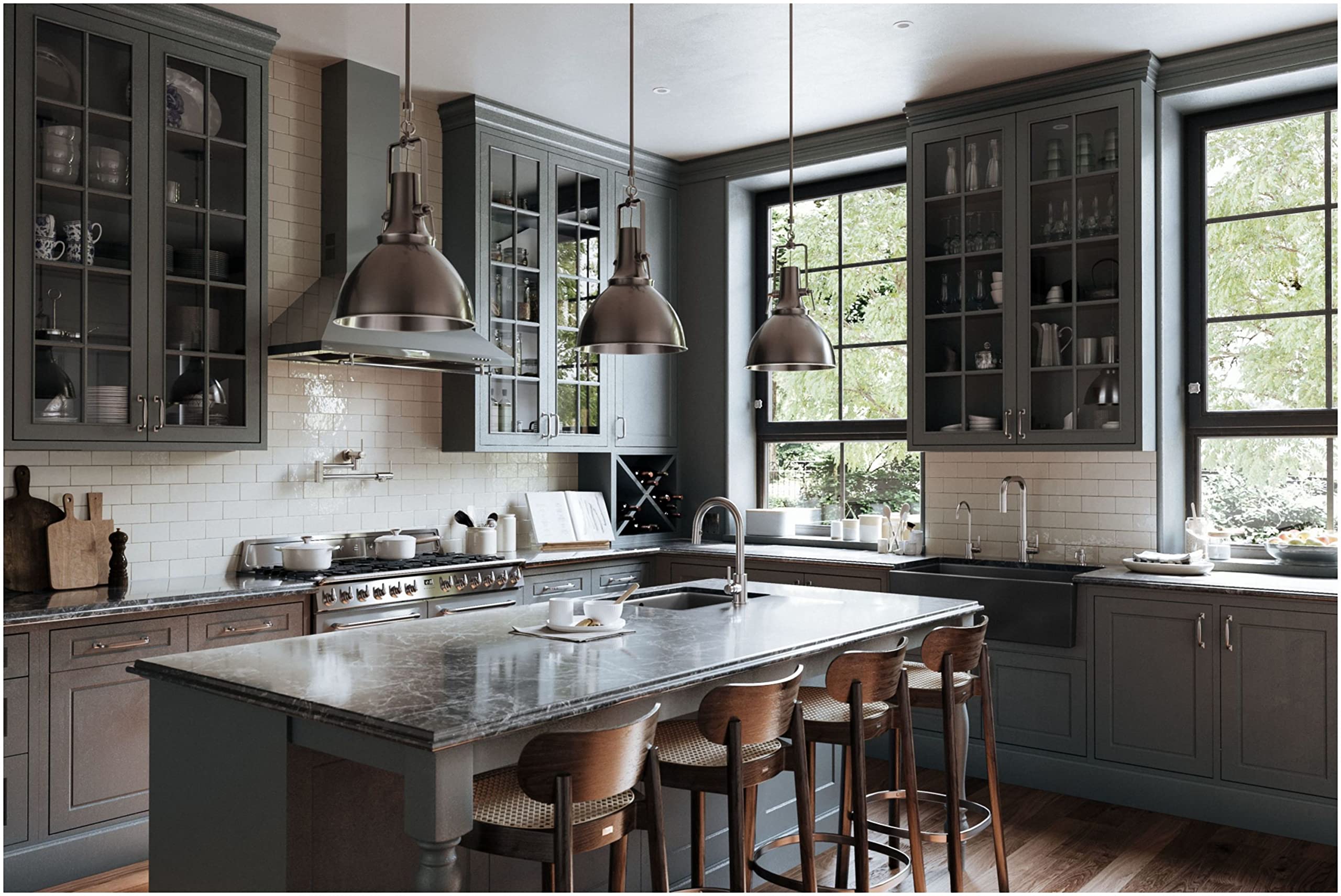 Satin nickel wall-mounted pot filler faucet with articulating arm installed above kitchen counter.