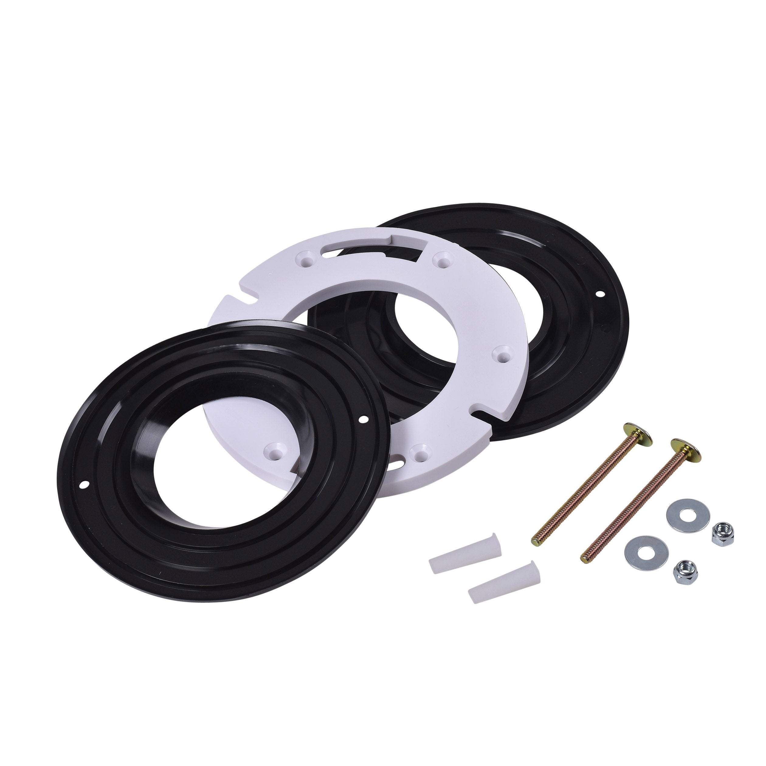 Closet flange spacer kit containing two black rings, one white ring, two bolts, shims, and hardware nuts.