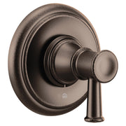 Oil rubbed bronze single-handle shower valve trim with circular escutcheon plate and lever handle.