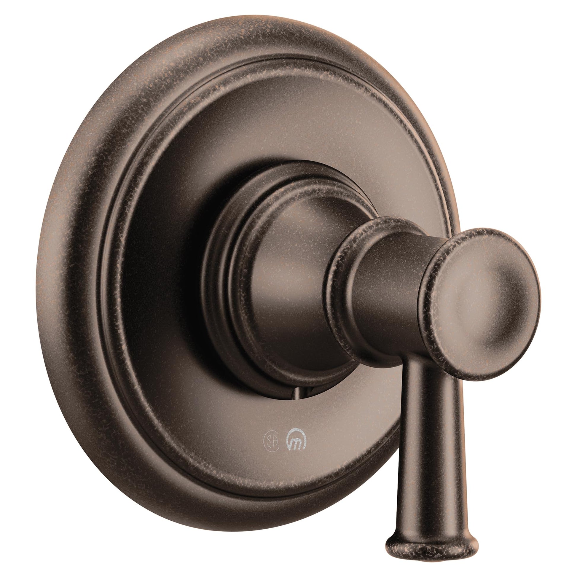 Oil rubbed bronze single-handle shower valve trim with circular escutcheon plate and lever handle.