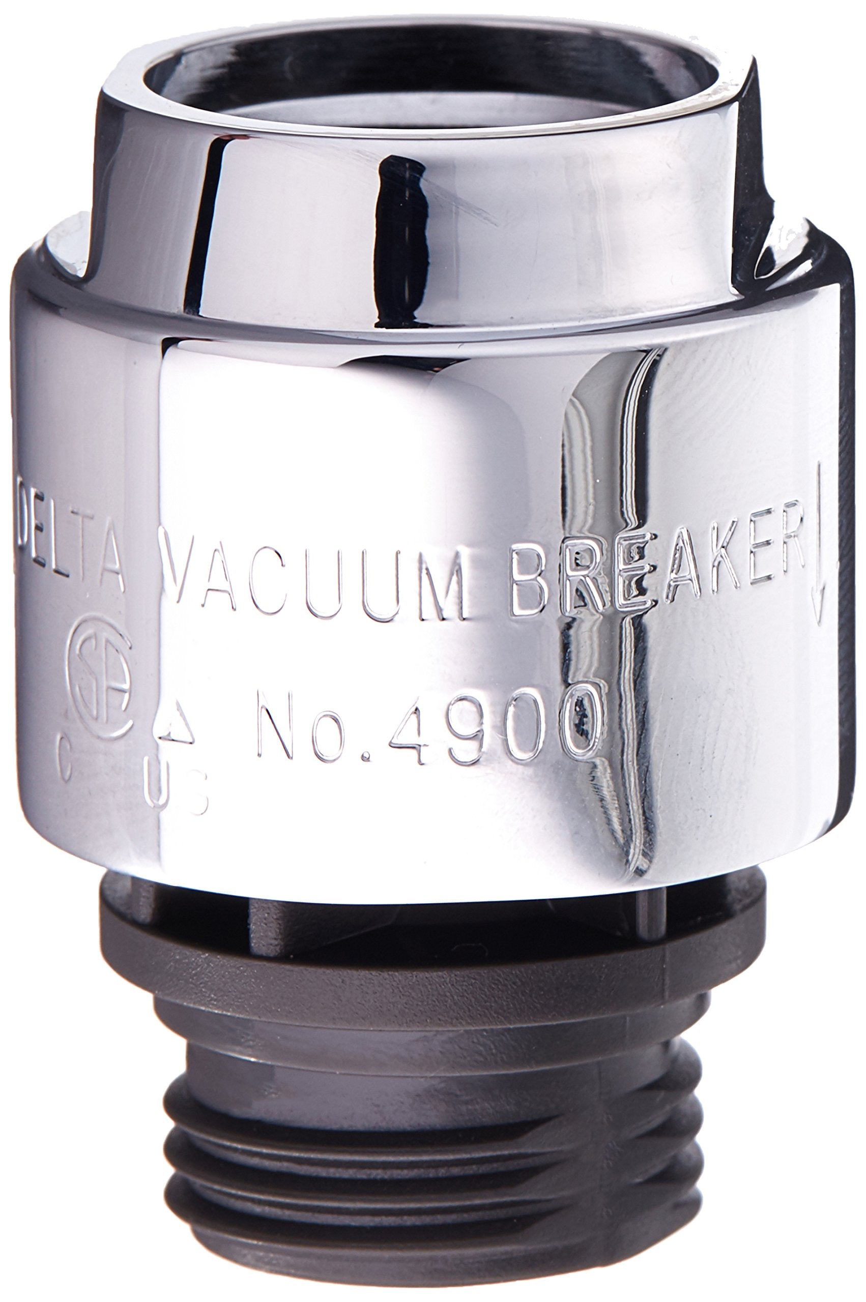 Chrome vacuum breaker with "Delta Vacuum Breaker No. 4900" text and black threaded base connector.