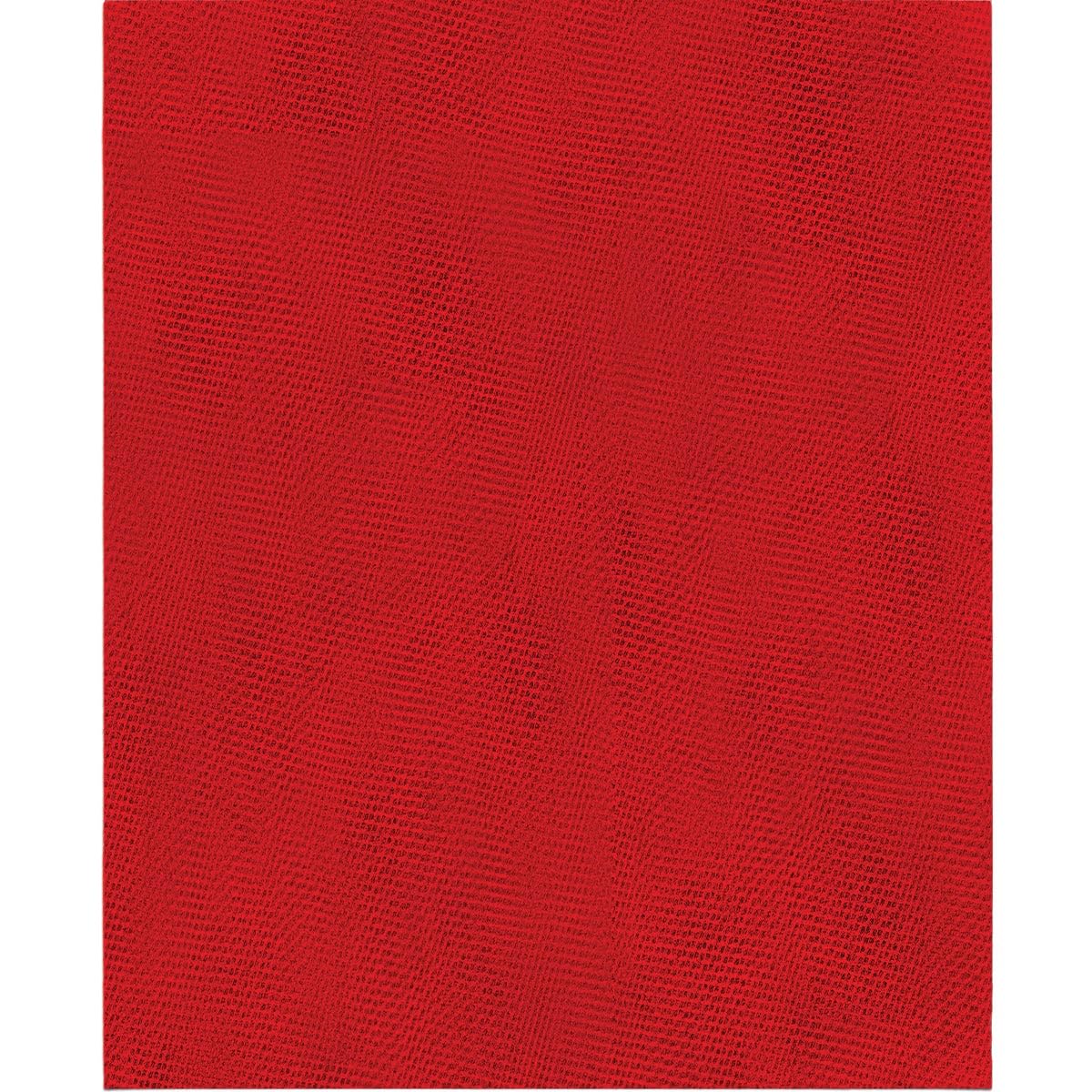 Red mesh sanding sheet with textured abrasive surface, 9 by 11 inches.