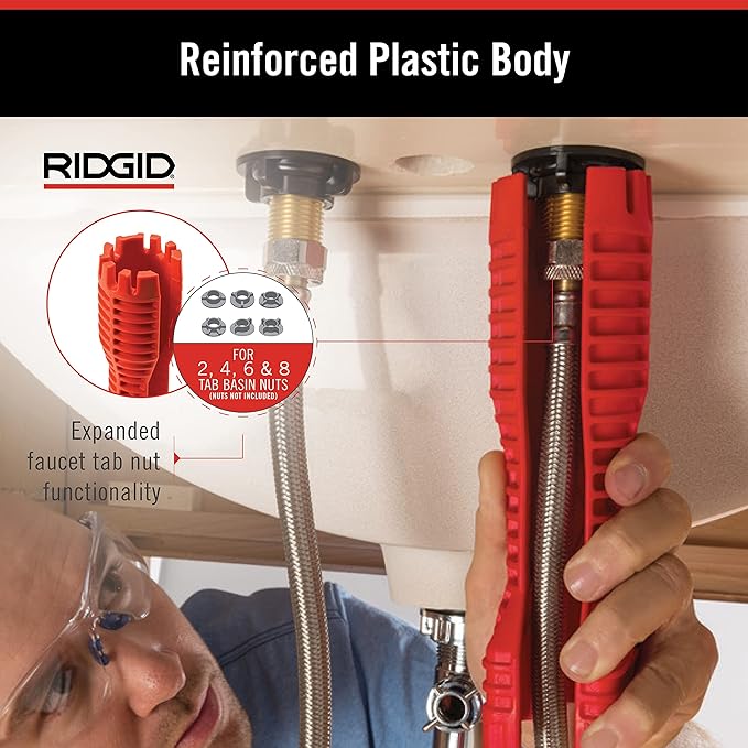 Red plastic faucet installation tool with ribbed grip, shown held in hand next to flexible supply line and mounting hardware.