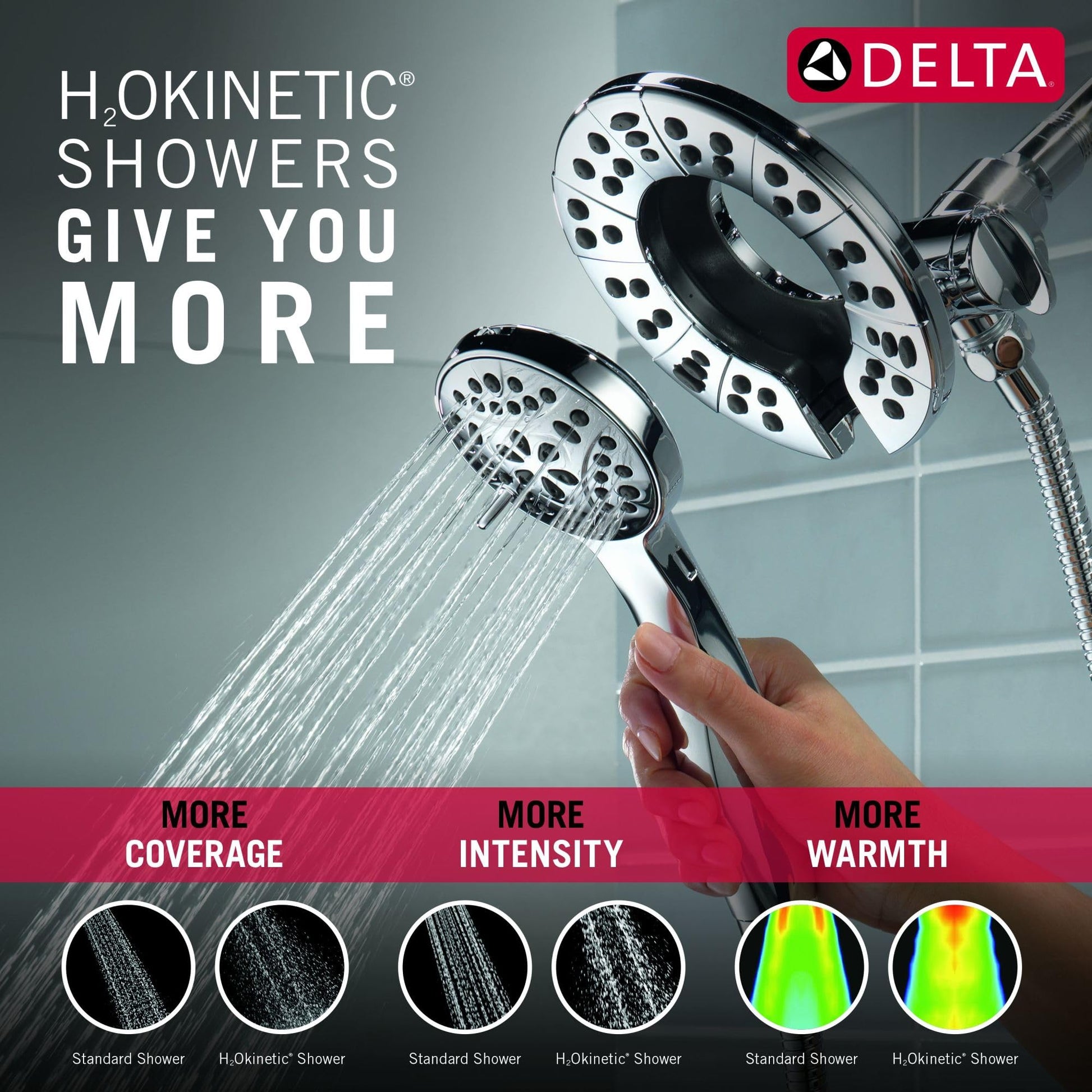 Champagne bronze tub and shower trim with dual showerheads featuring multiple spray jets and handheld sprayer attachment.