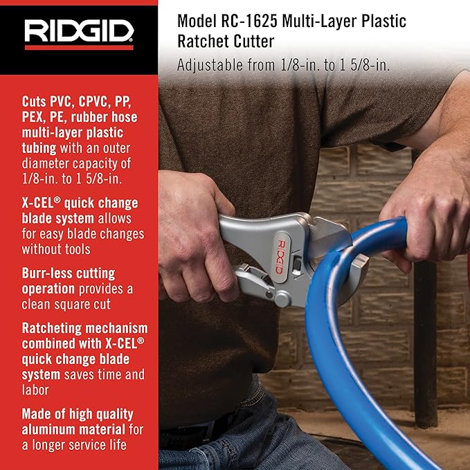 RIDGID RC-1625 aluminum ratchet cutter with blue plastic pipe held in hand, cutting head visible.