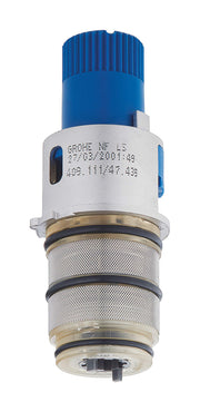 Blue and white thermostatic cartridge with ridged top section, metal mesh bands, and brass components at base.