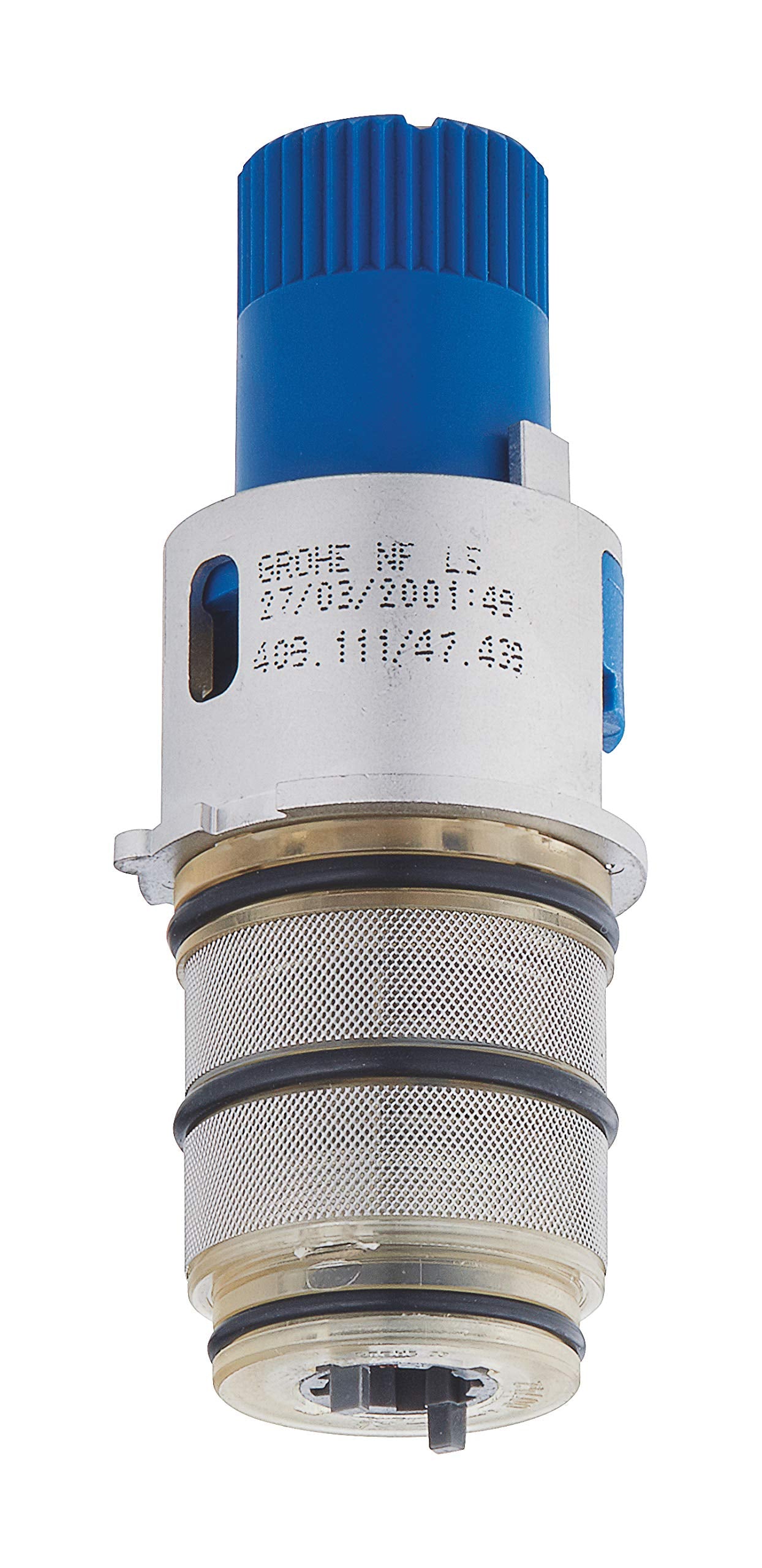 Blue and white thermostatic cartridge with ridged top section, metal mesh bands, and brass components at base.