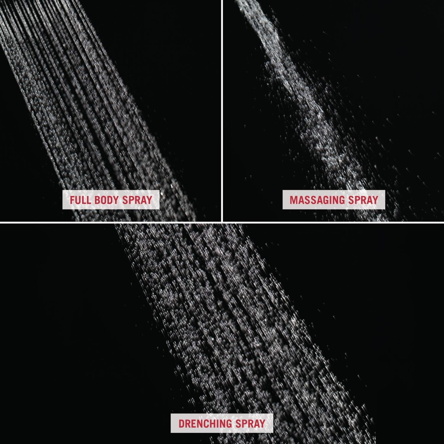 Three water spray patterns from shower head: full body spray, massaging spray, and drenching spray on black background.