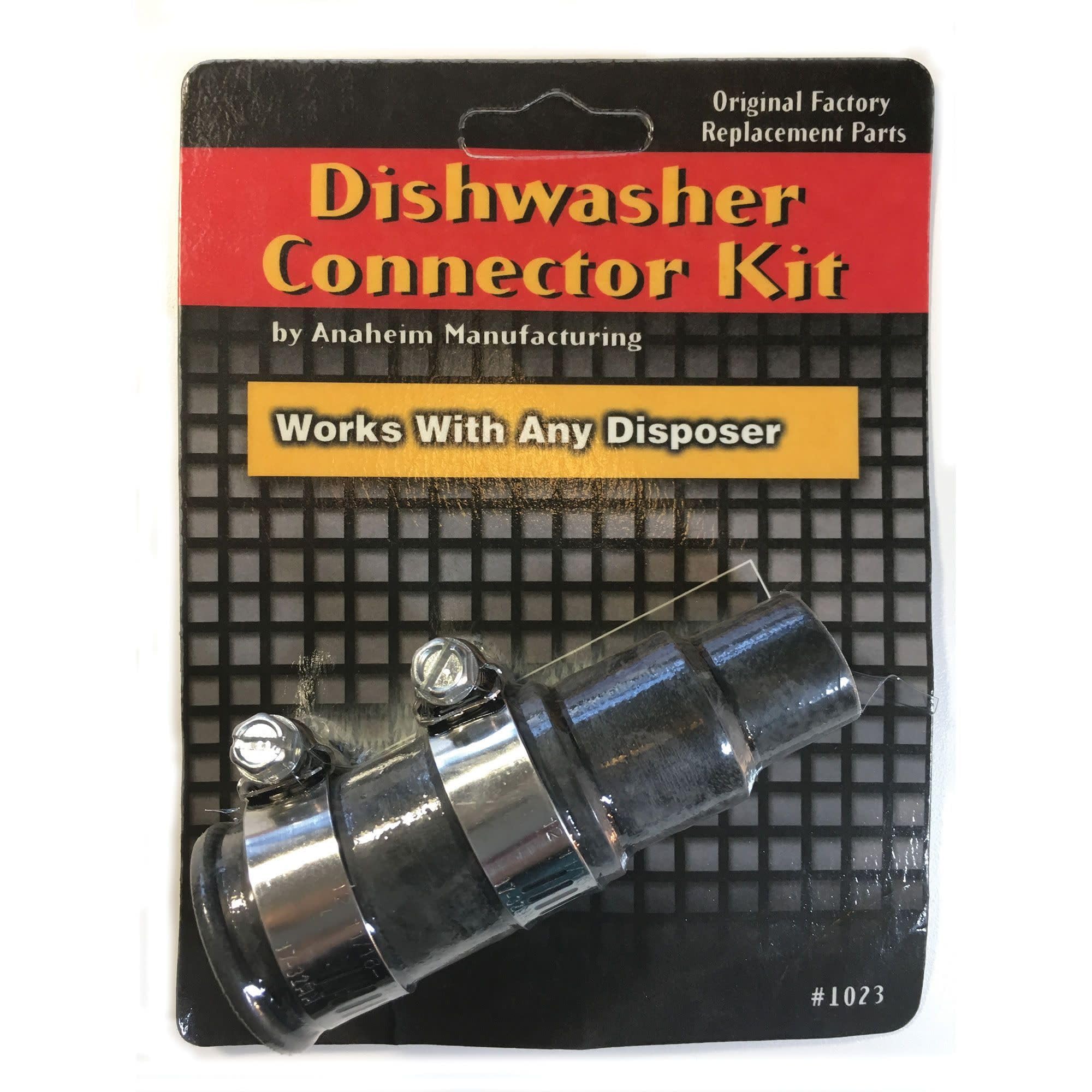 Dishwasher connector kit with metal and black plastic components and mounting hardware on retail packaging.