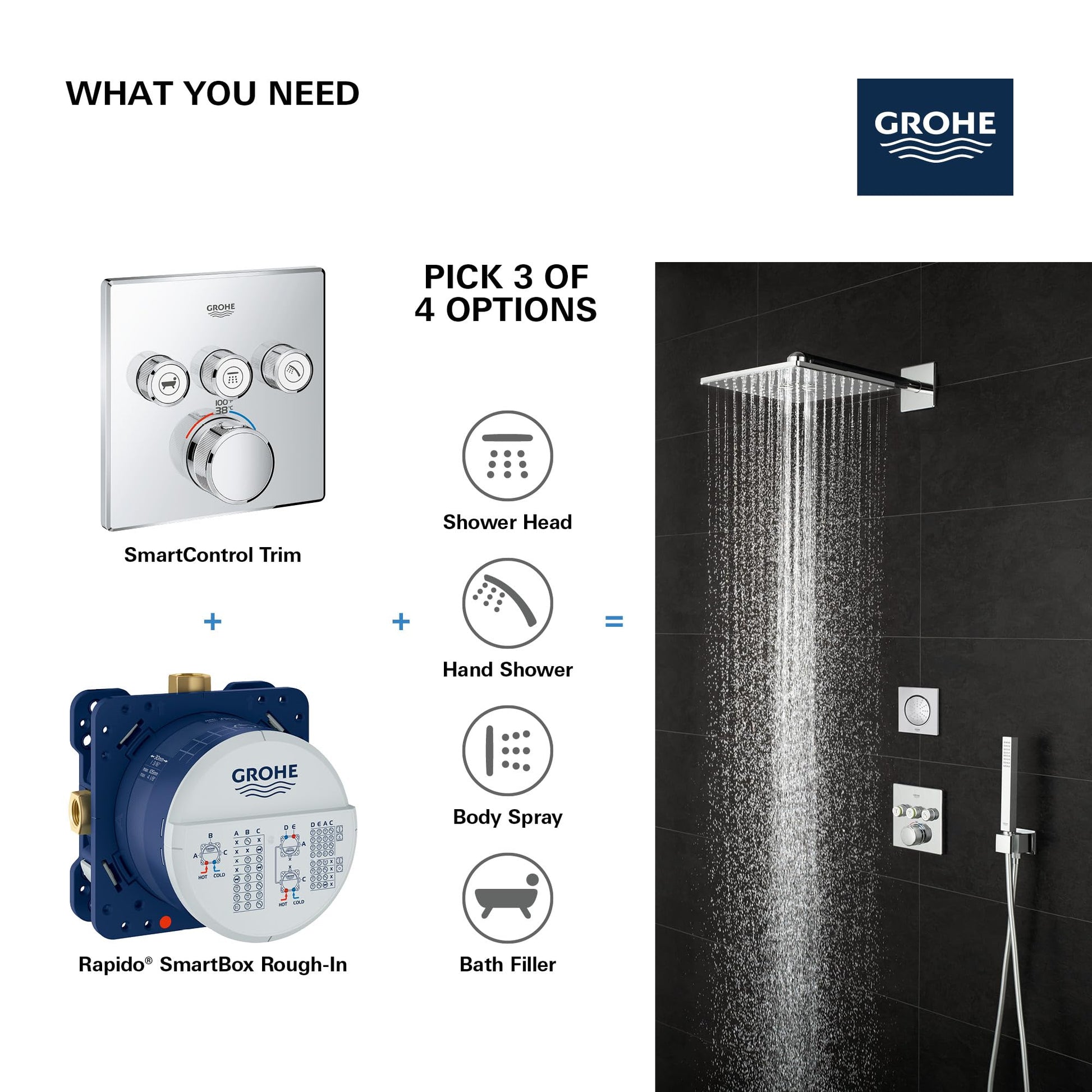 Matte black thermostatic valve trim with three control knobs and one large dial, shown installed in shower with overhead rain