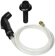 Oil rubbed bronze side spray with curved nozzle, clear braided hose, brass connector, and mounting hardware.