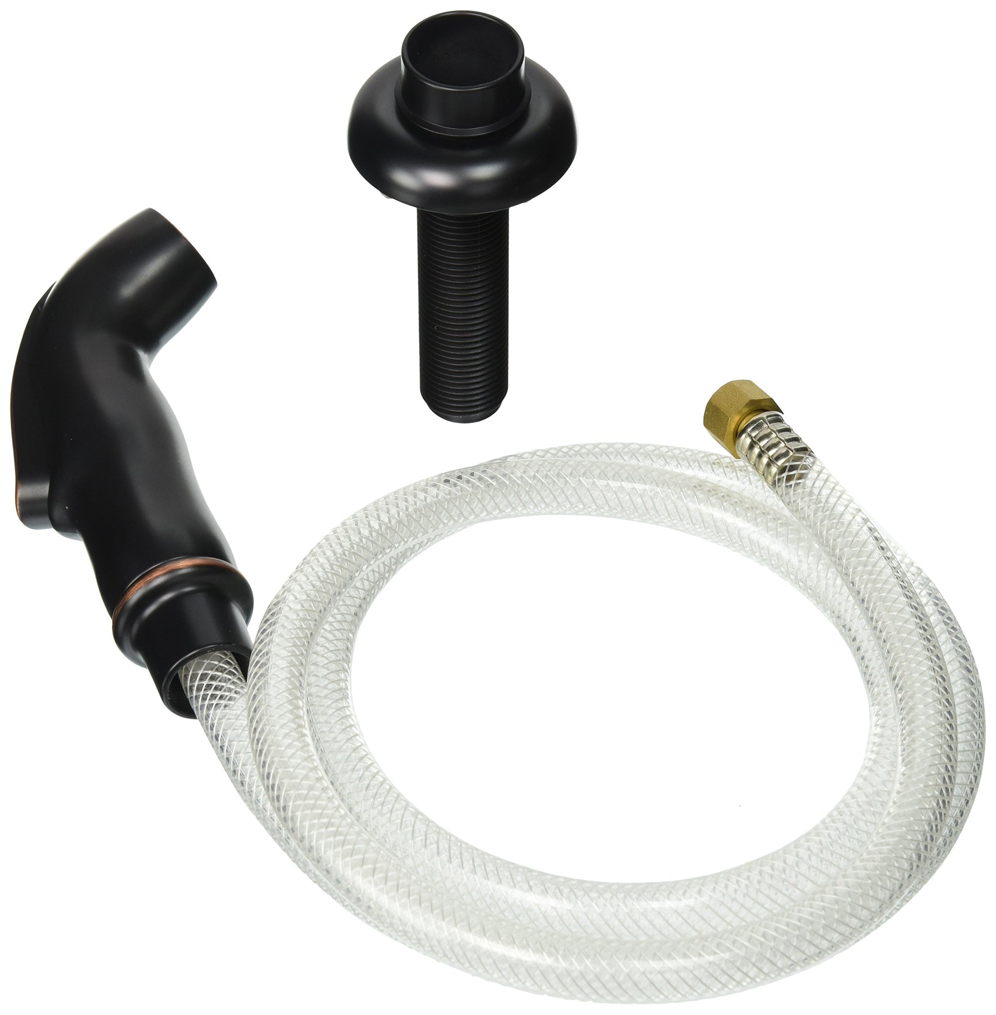 Oil rubbed bronze side spray with curved nozzle, clear braided hose, brass connector, and mounting hardware.