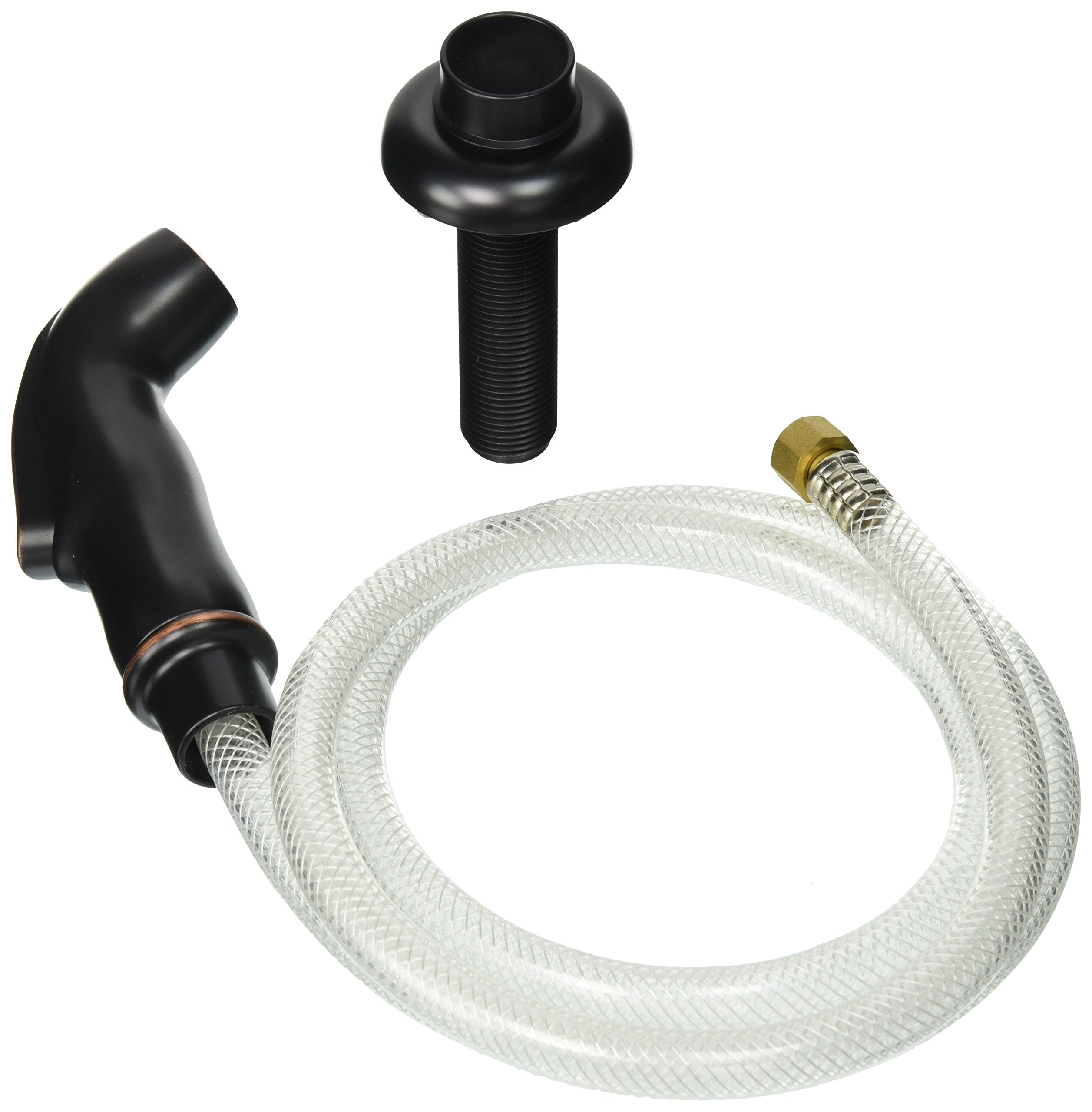 Oil rubbed bronze side spray with curved nozzle, clear braided hose, brass connector, and mounting hardware.