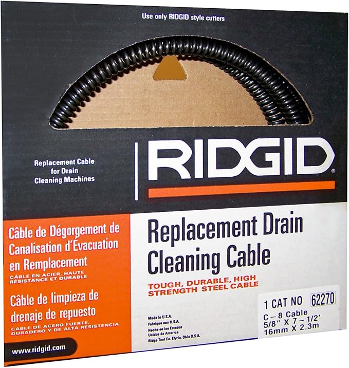 RIDGID C-8 5/8 inch replacement drain cleaning cable coiled in black sheath on product packaging.