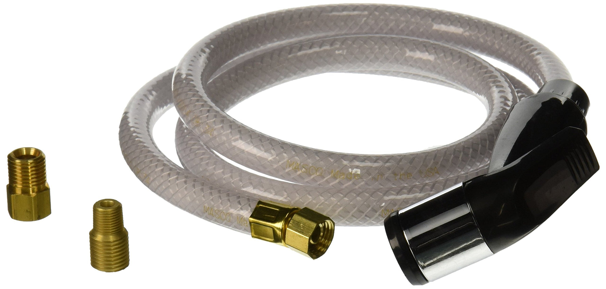 Chrome side spray with clear reinforced hose, brass connectors, and mounting hardware included.