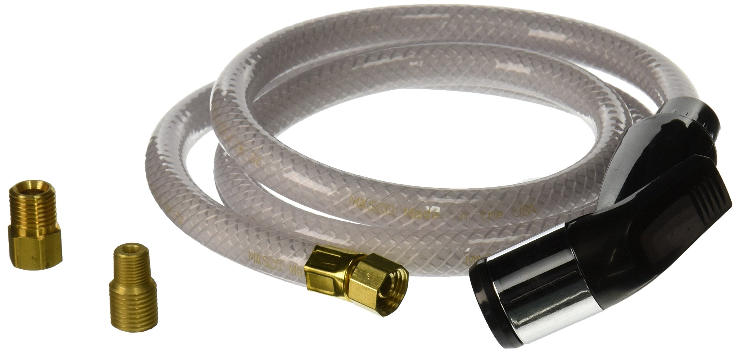 Chrome side spray with clear reinforced hose, brass connectors, and mounting hardware included.