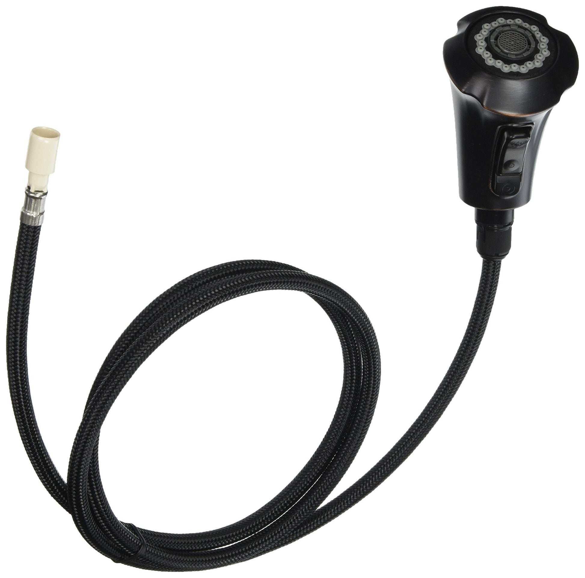 Venetian bronze pulldown wand assembly with black braided hose, spray head with circular button controls, and connector fitti