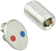 Stainless steel set screw with hexagonal socket and circular button featuring red and blue indicator dots.