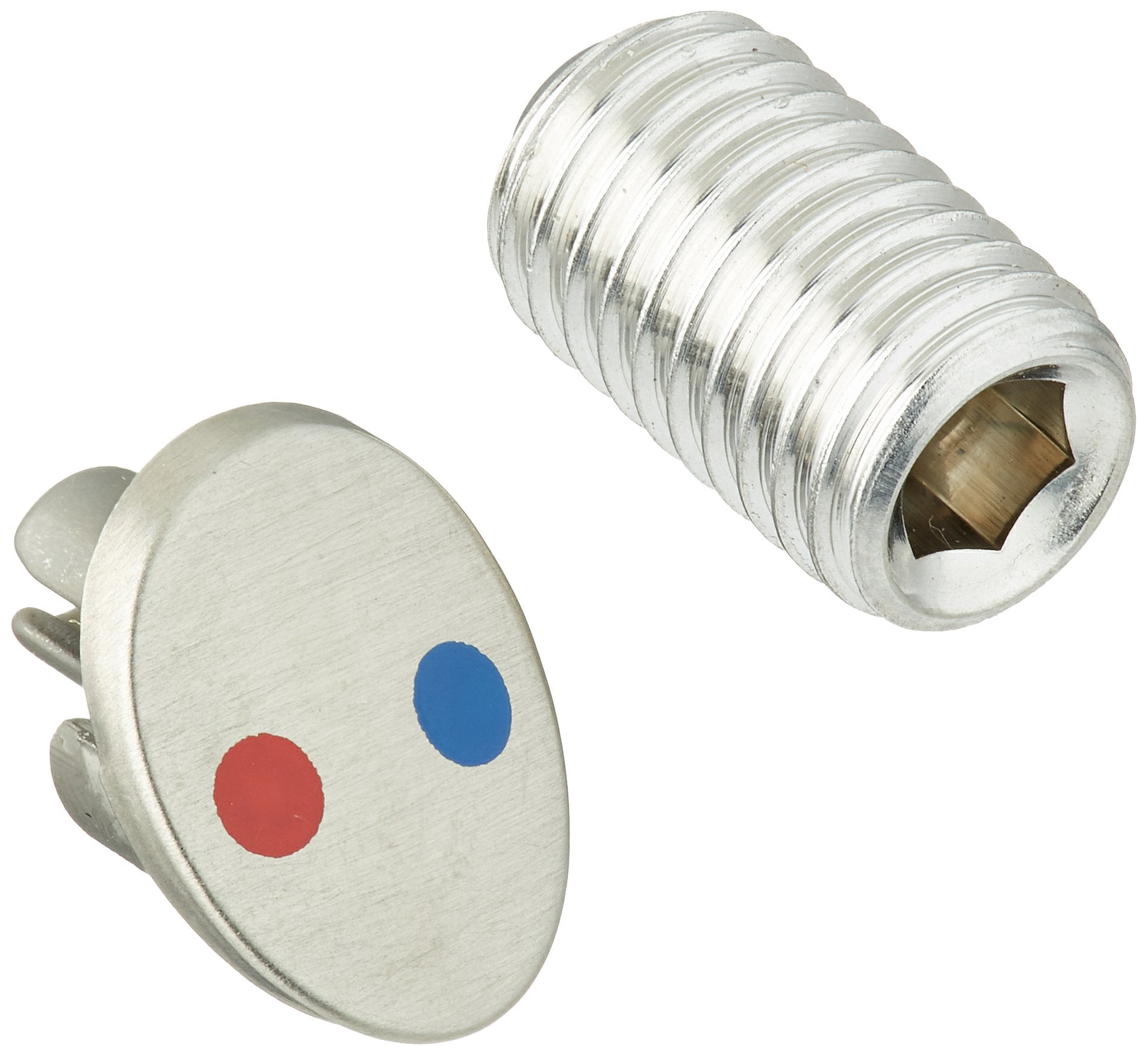 Stainless steel set screw with hexagonal socket and circular button featuring red and blue indicator dots.