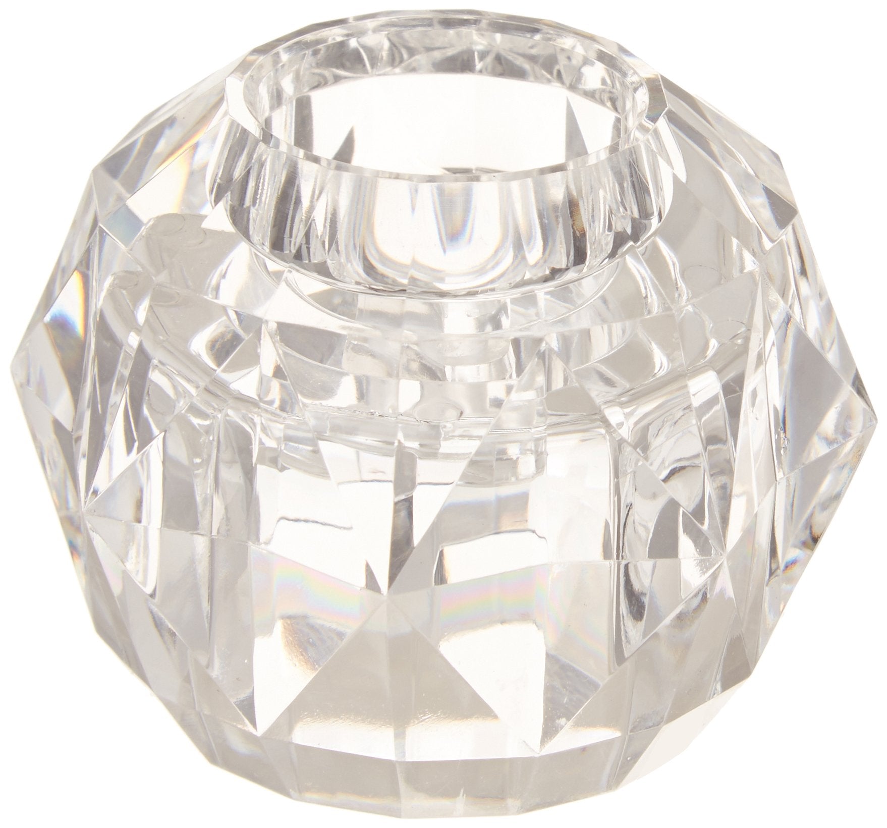 Clear faceted knob handle with geometric cuts and central opening for valve installation.