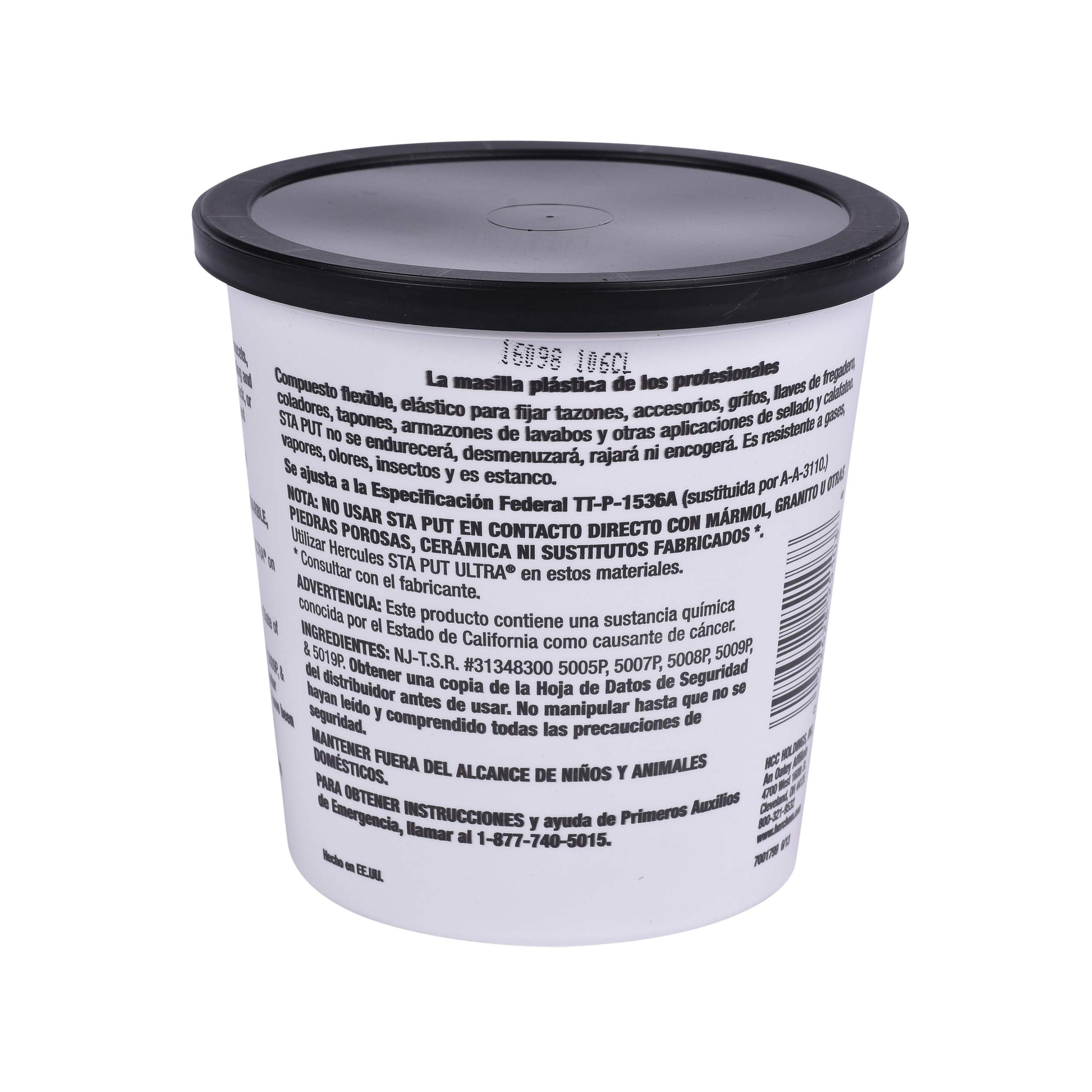 Cylindrical container with black lid and white body labeled with product information and warnings in multiple languages.