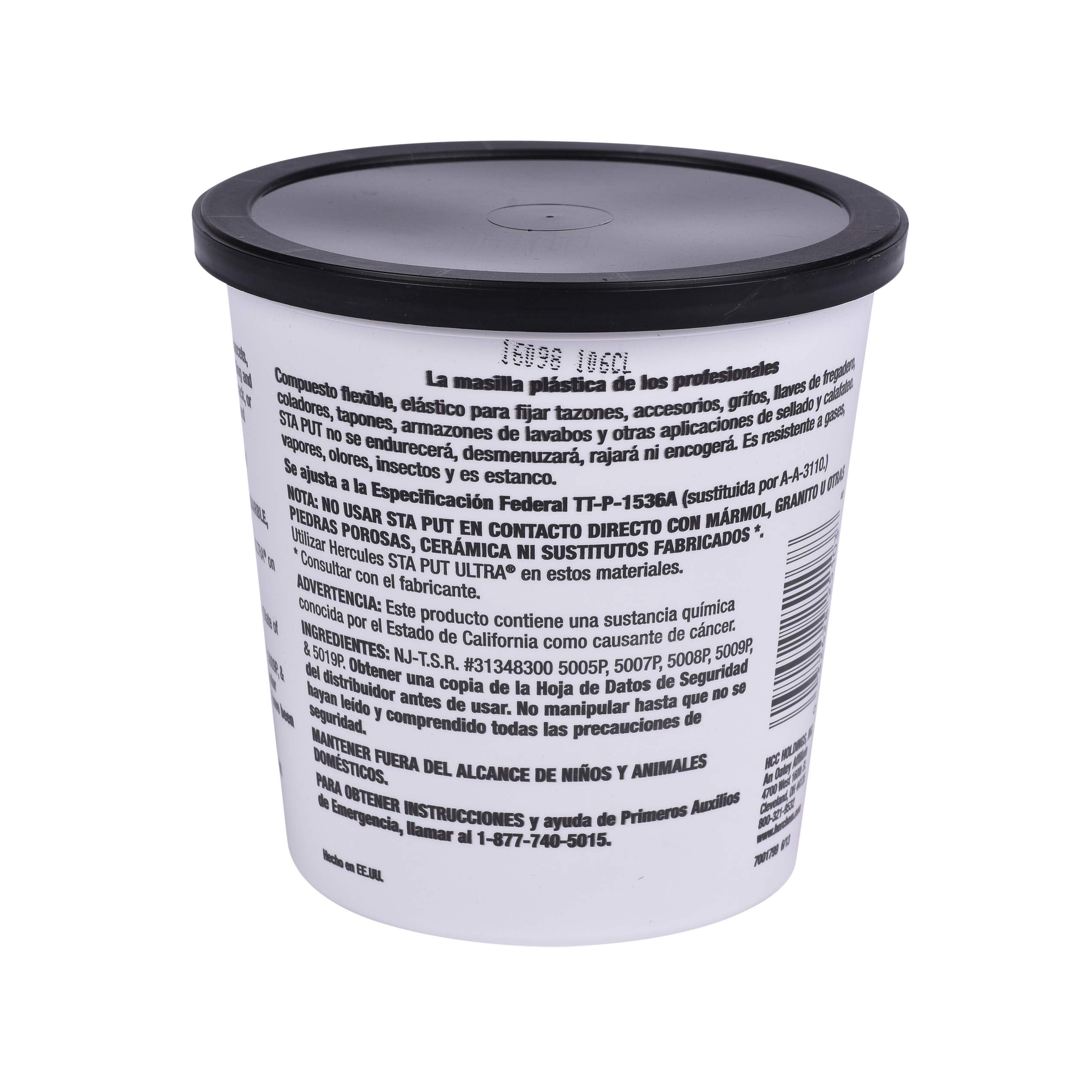Cylindrical container with black lid and white body labeled with product information and warnings in multiple languages.