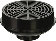 Black PVC drain strainer with quad poly grid pattern and circular outlet base, viewed from above.